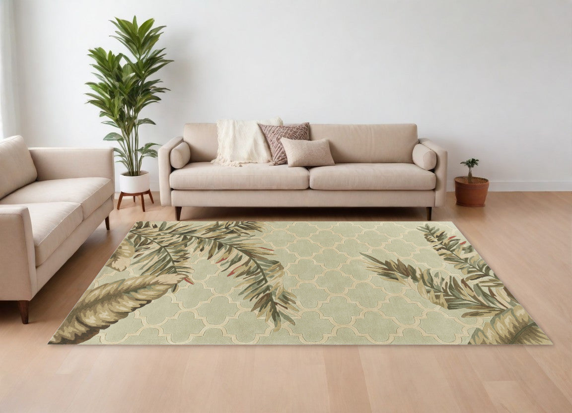 9' X 12' Sage Green Hand Tufted Tropical Quatrefoil Indoor Area Rug