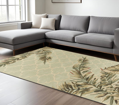 8' X 10' Sage Taupe And Green Wool Tropical Botanical Hand Tufted Area Rug
