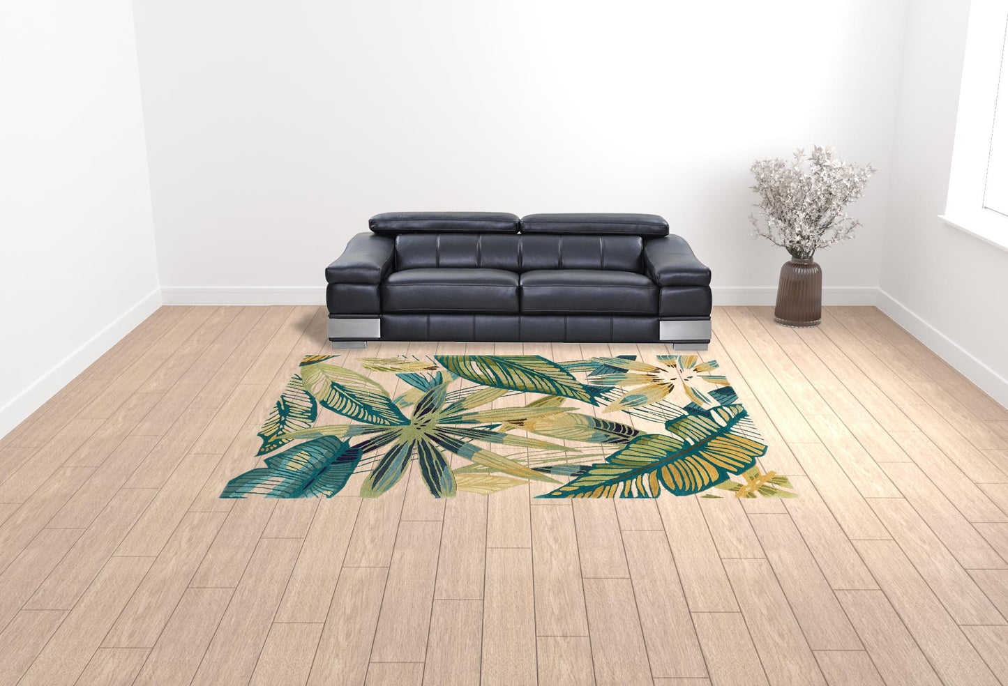 8' X 10' Ivory Teal Hand Tufted Tropical Leaves Indoor Area Rug