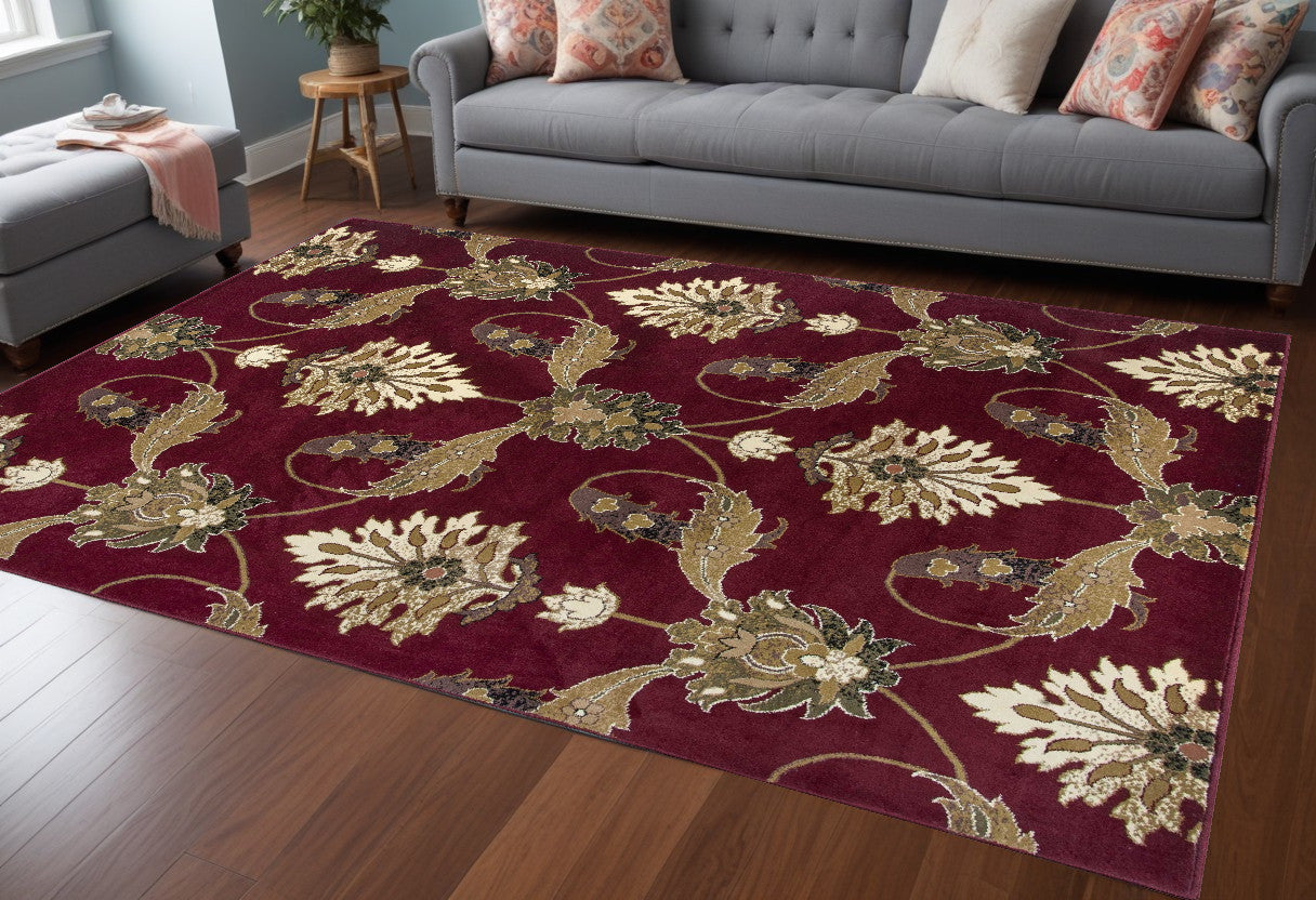 Red Octagon Floral Vines Area Rug