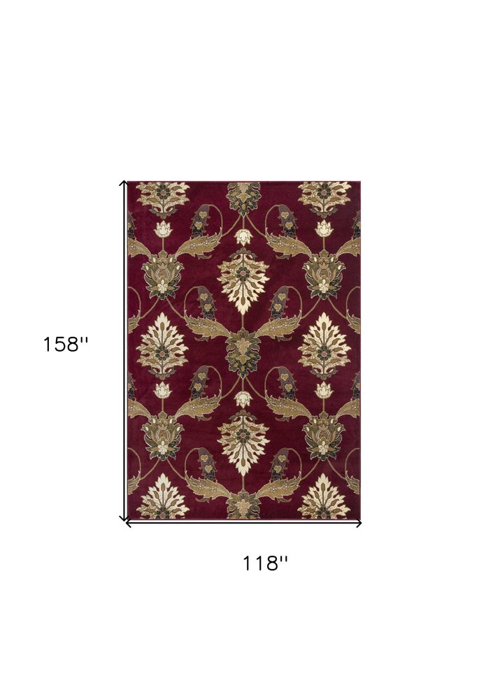 9' X 13' Red Beige And Brown Floral Vines Area Rug