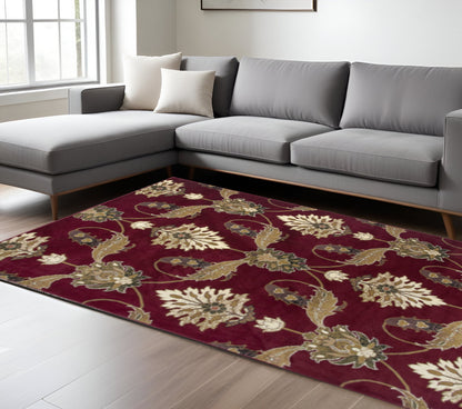9' X 13' Red Beige And Brown Floral Vines Area Rug