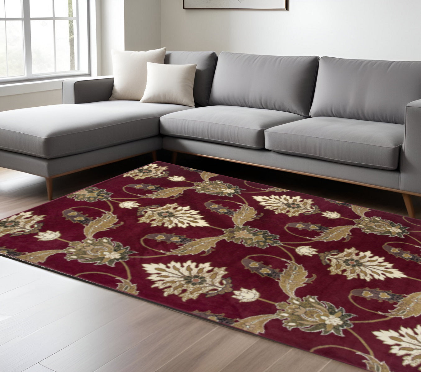 9' X 13' Red Beige And Brown Floral Vines Area Rug
