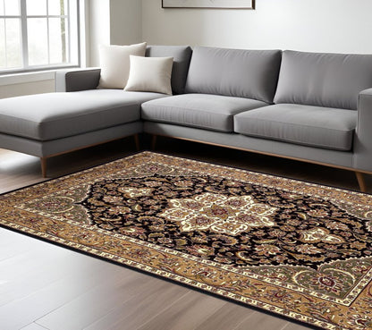3' X 5' Black And Beige Floral Medallion Area Rug