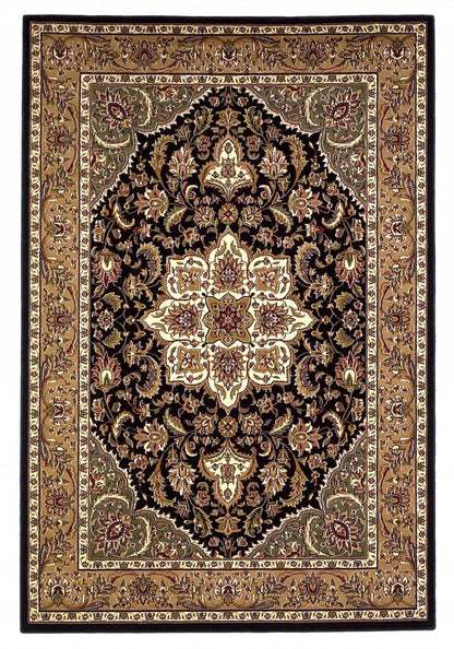 3' X 5' Black And Beige Floral Medallion Area Rug