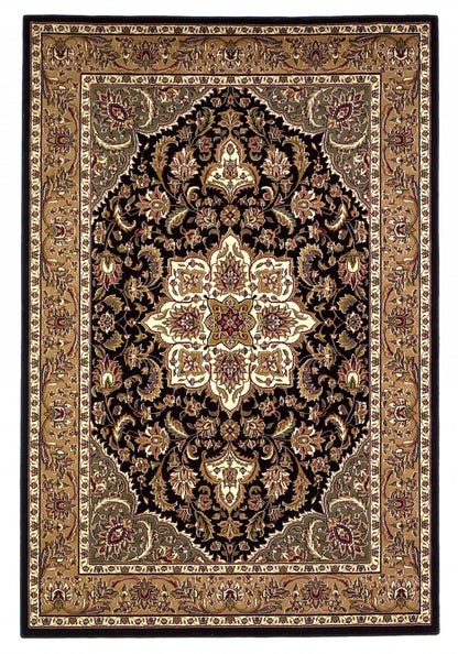3' X 5' Black And Beige Floral Medallion Area Rug