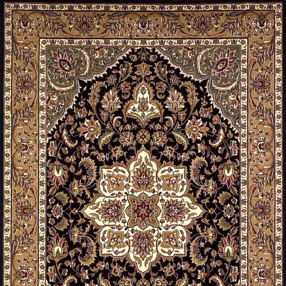 3' X 5' Black Beige Machine Woven Floral Medallion Indoor Area Rug