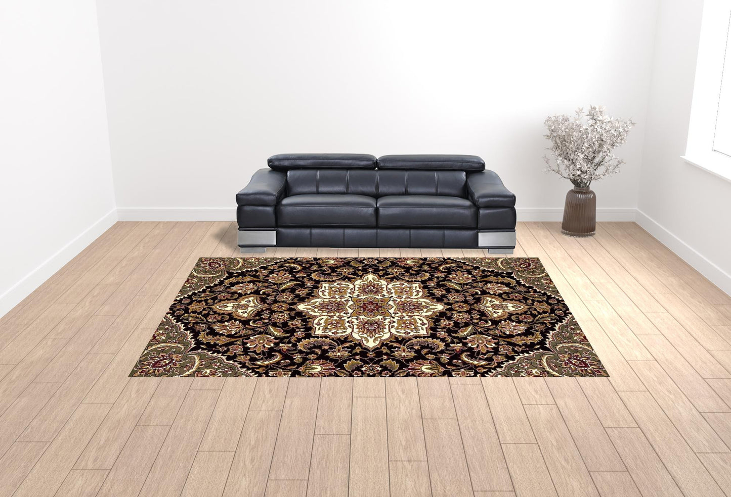 3' X 5' Black Beige Machine Woven Floral Medallion Indoor Area Rug