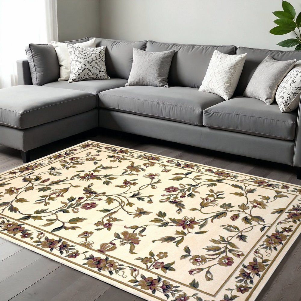 2' X 3' Ivory Green And Red Floral Vines Area Rug