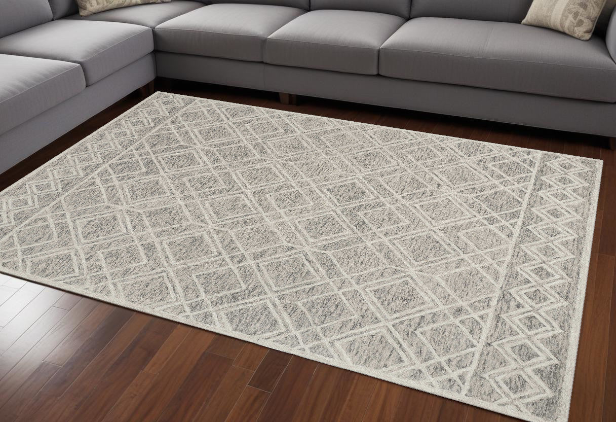 9' X 12' Sand Beige Hand Tufted Diamond Pattern Indoor Area Rug