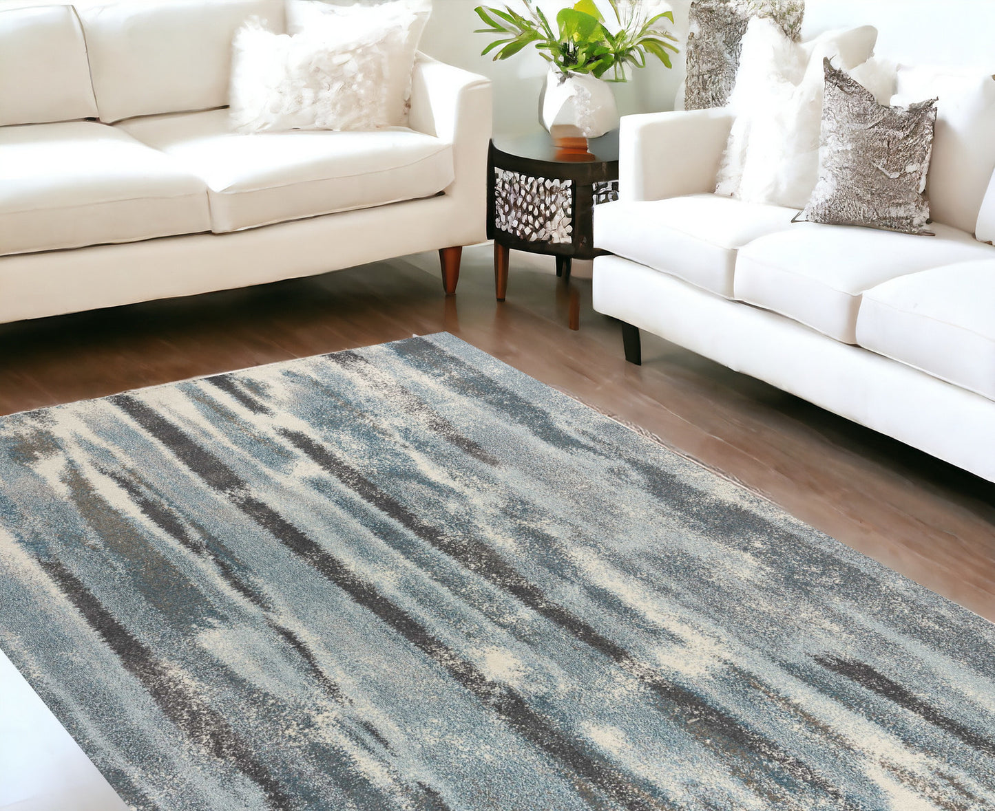 5' X 8' Teal Abstract Brushstrokes Indoor Area Rug