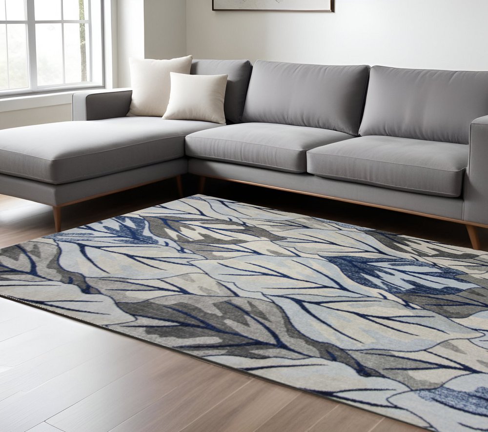 5' X 8' Gray And Navy Blue Botanical Leaves Area Rug