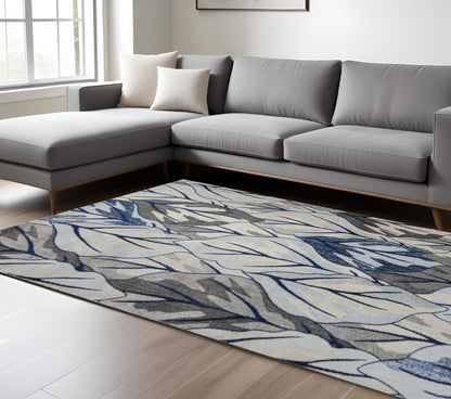 5' X 8' Gray And Navy Blue Botanical Leaves Area Rug