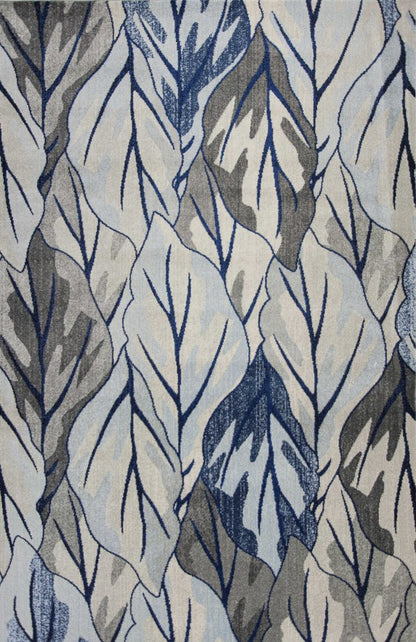 5' X 8' Gray And Navy Blue Botanical Leaves Area Rug