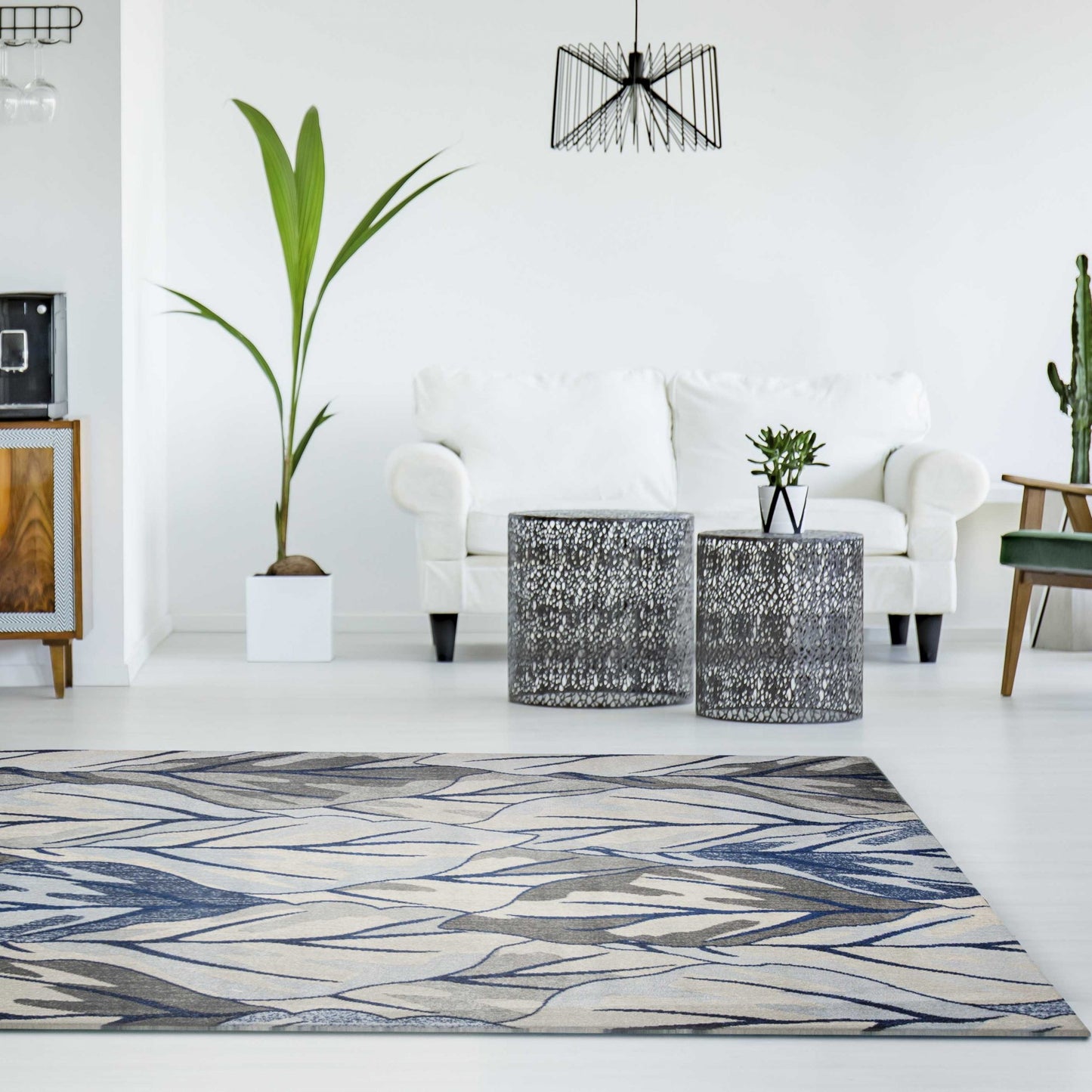 5' X 8' Gray And Navy Blue Botanical Leaves Area Rug
