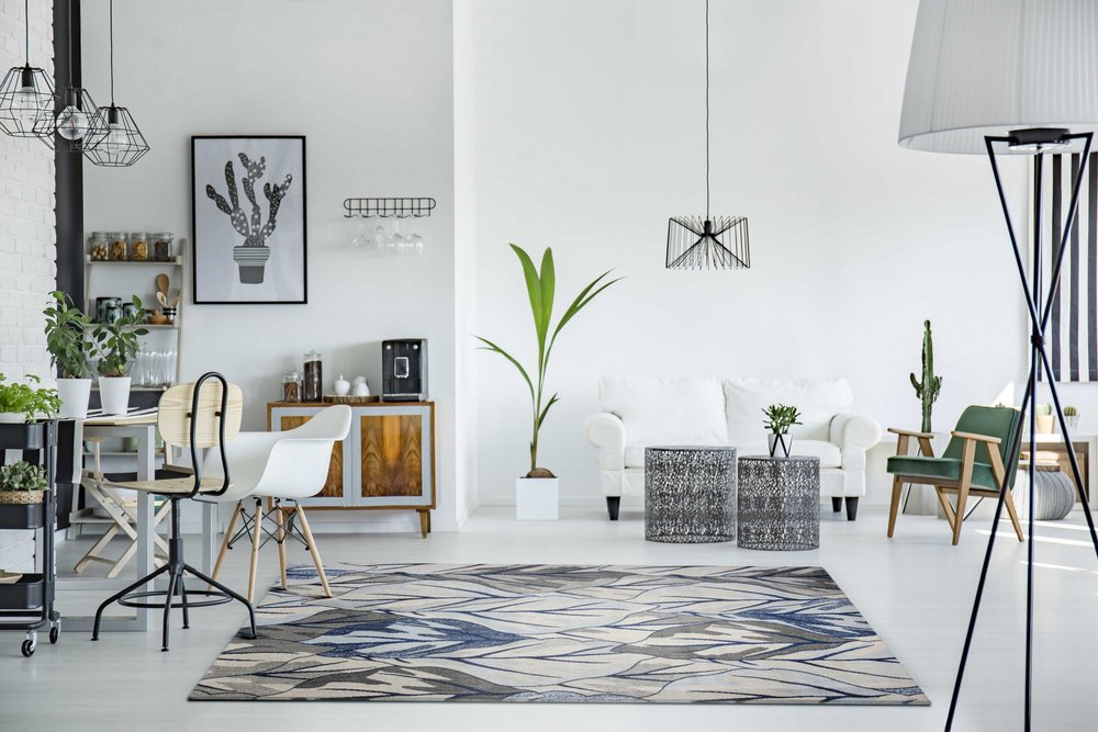 5' X 8' Gray And Navy Blue Botanical Leaves Area Rug