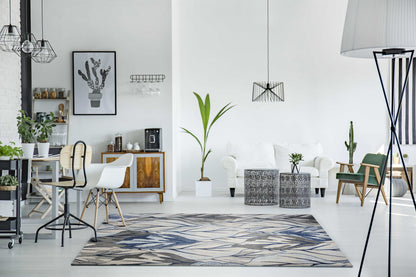 5' X 8' Gray And Navy Blue Botanical Leaves Area Rug