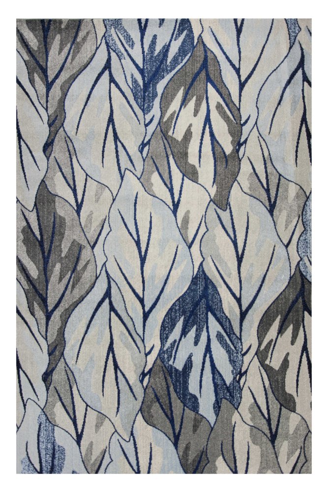 5' X 8' Gray And Navy Blue Botanical Leaves Area Rug