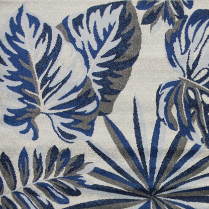 8' X 11' Blue And Gray Botanical Leaves Area Rug
