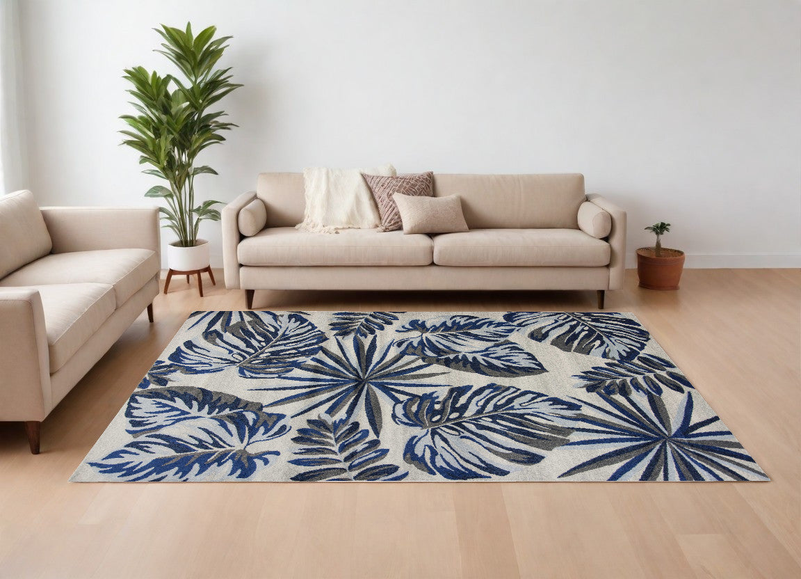 10' X 13' Grey Blue Machine Woven Tropical Leaves Indoor Area Rug