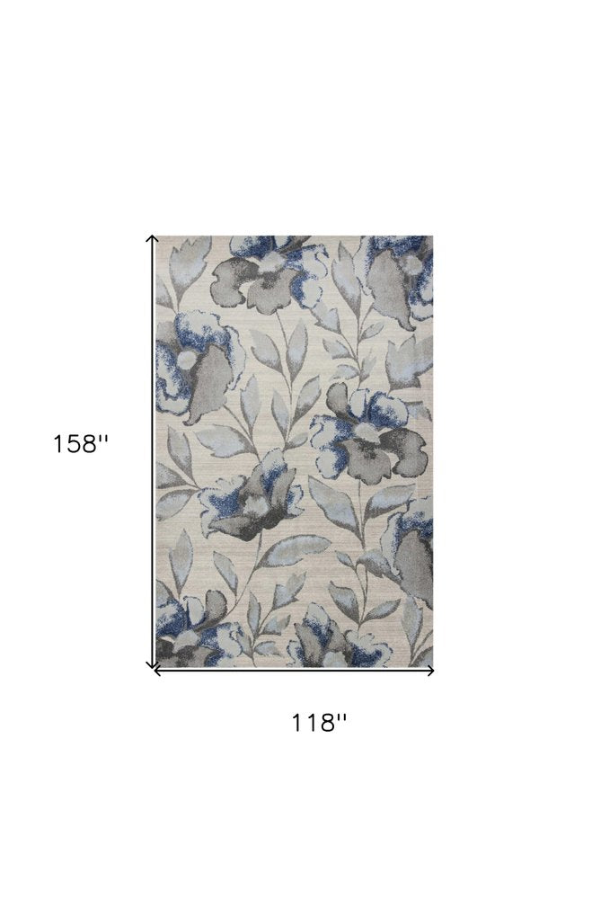 9' X 13' Ivory Blue And Gray Floral Vines Area Rug
