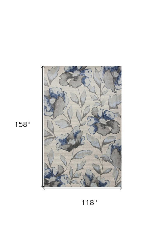 7' X 10' Ivory Blue And Gray Floral Vines Area Rug