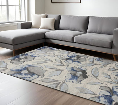 9' X 13' Ivory Blue And Gray Floral Vines Area Rug