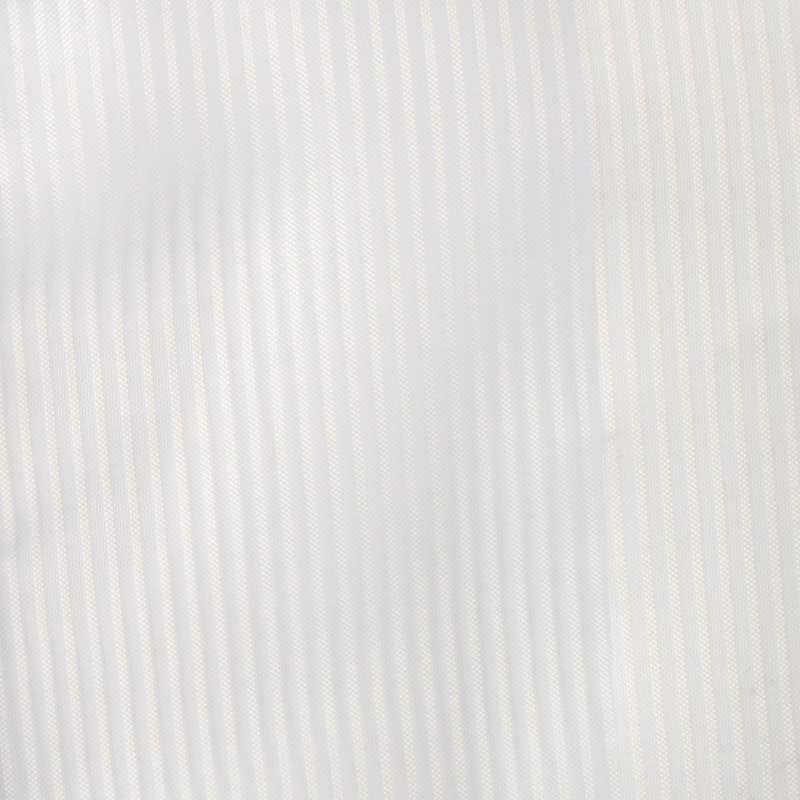 Close-up of antique white drapery fabric with subtle vertical pinstripes and soft texture.