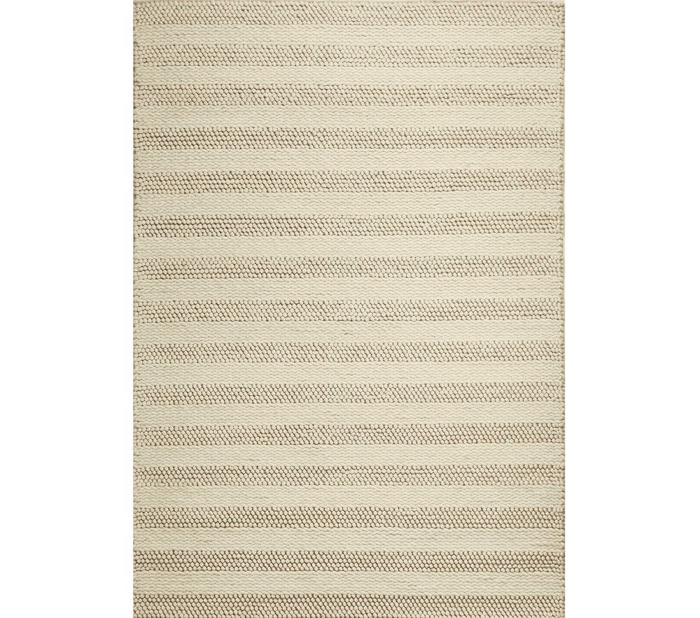 5' X 7' Ivory And White New Zealand Lambs Wool Striped Hand Woven Area Rug