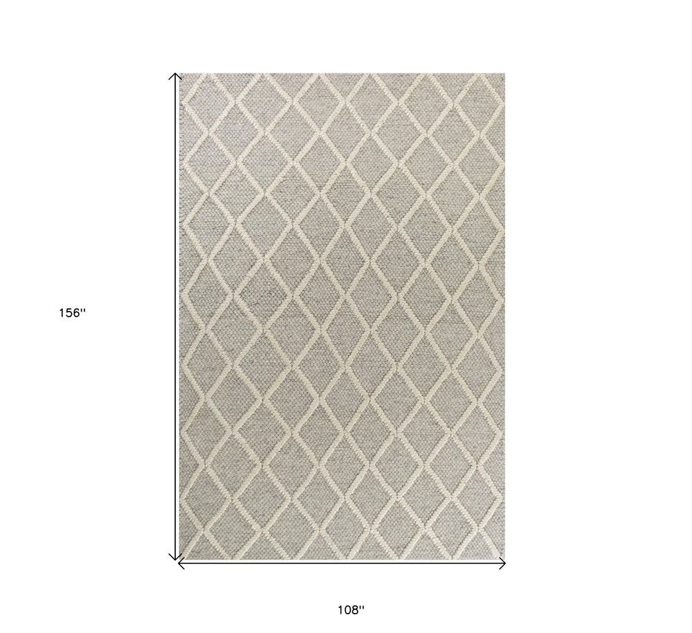 9' X 13' Gray And Ivory Wool Diamond Hand Woven Area Rug