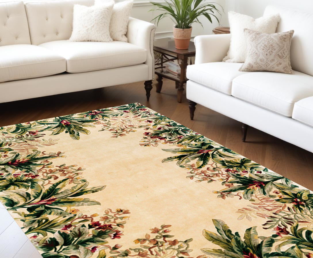 8' Ivory Wool Tropical Floral Hand Tufted Runner Rug