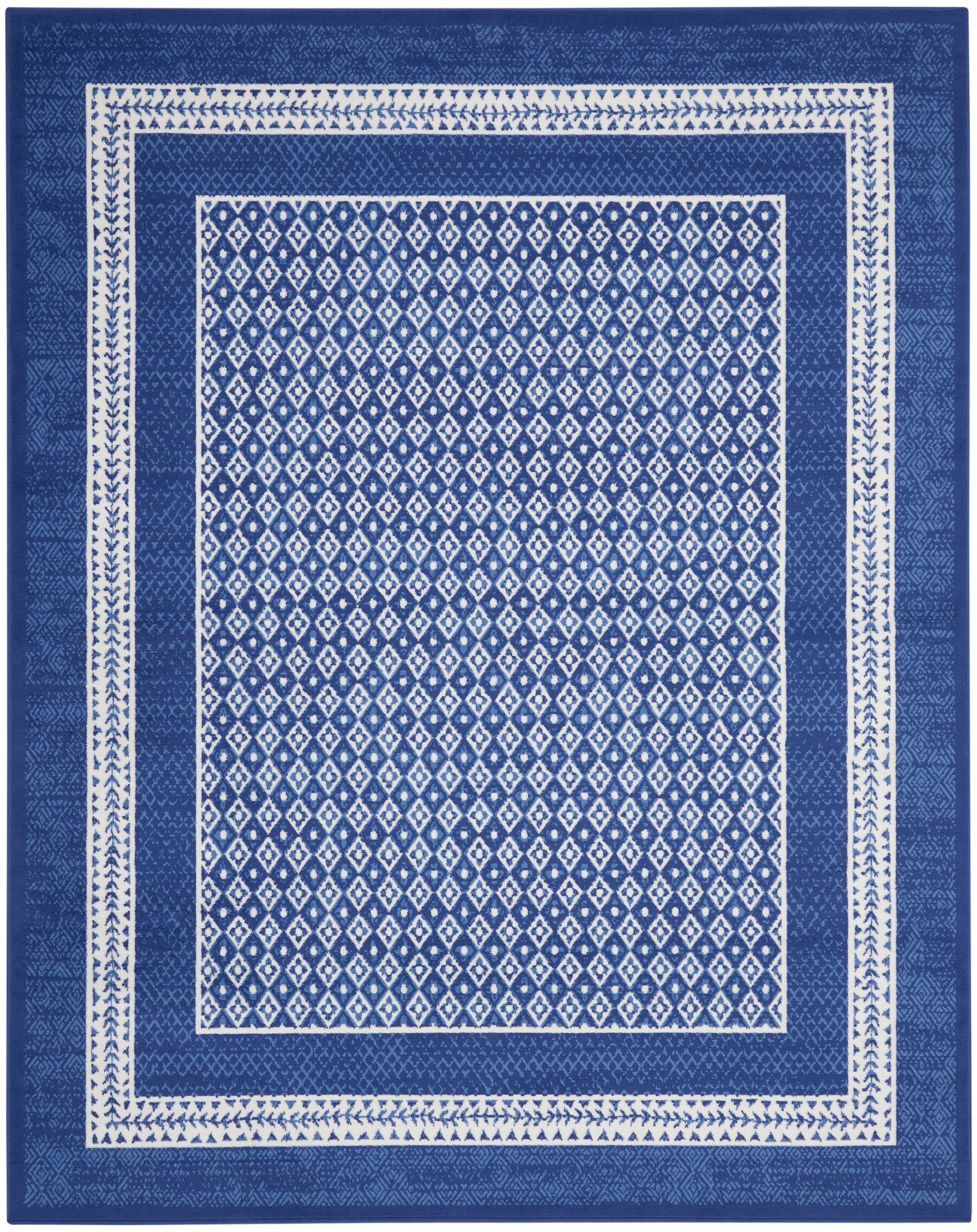 Navy blue rectangular woven rug with white diamond lattice center and double geometric borders.