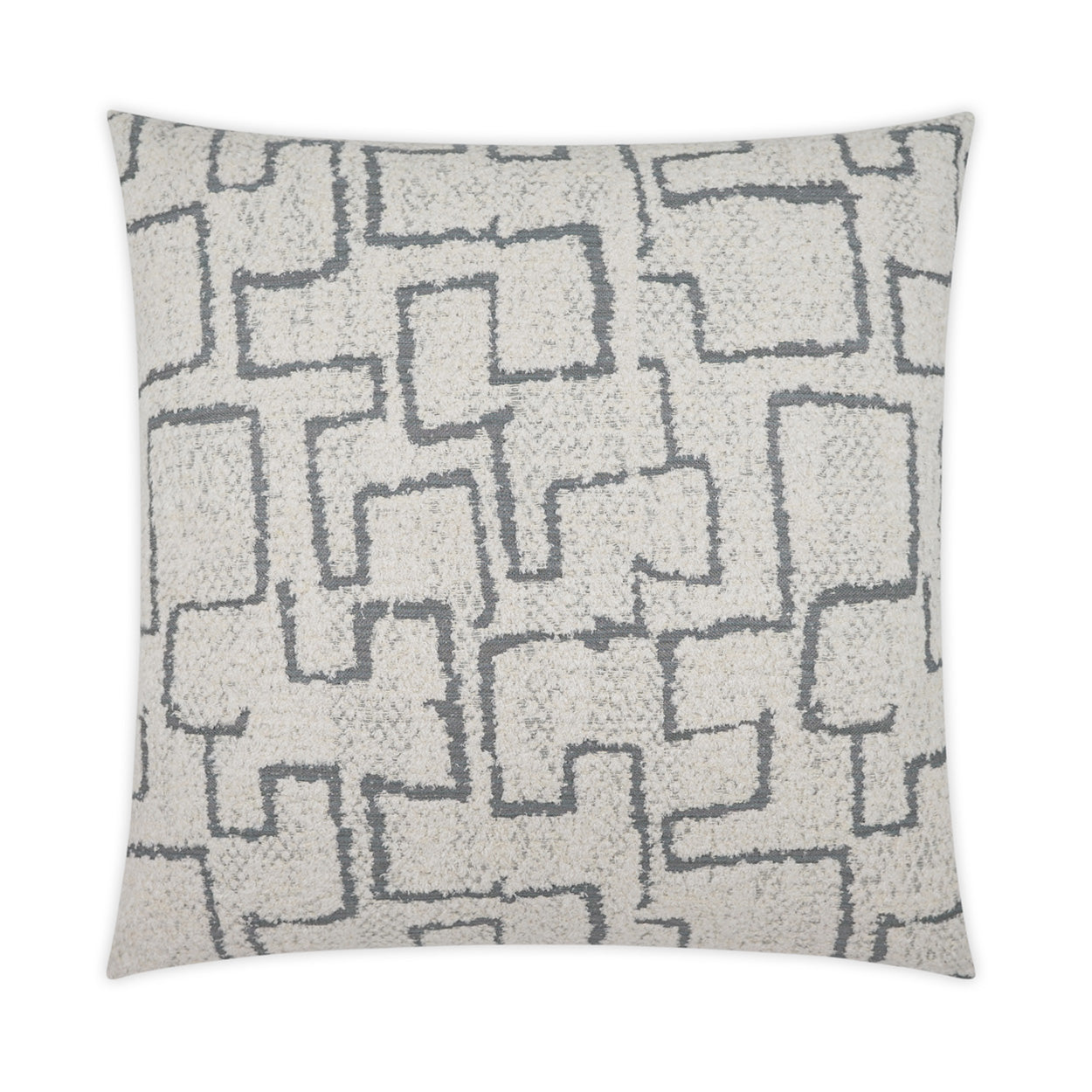 Grey square throw pillow in textured boucle with a dark gray interlocking square geometric pattern.