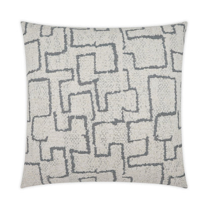 Grey square throw pillow in textured boucle with a dark gray interlocking square geometric pattern.
