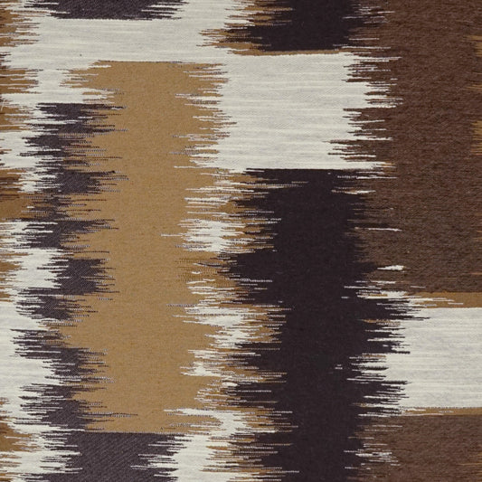 Abstract brushstroke patterned fabric in earthy tan, cream, brown and black tones.