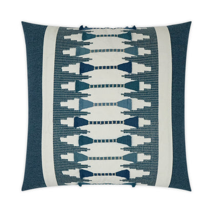 Blue decorative throw pillow with cream center panel and geometric indigo motifs; tassel trim.