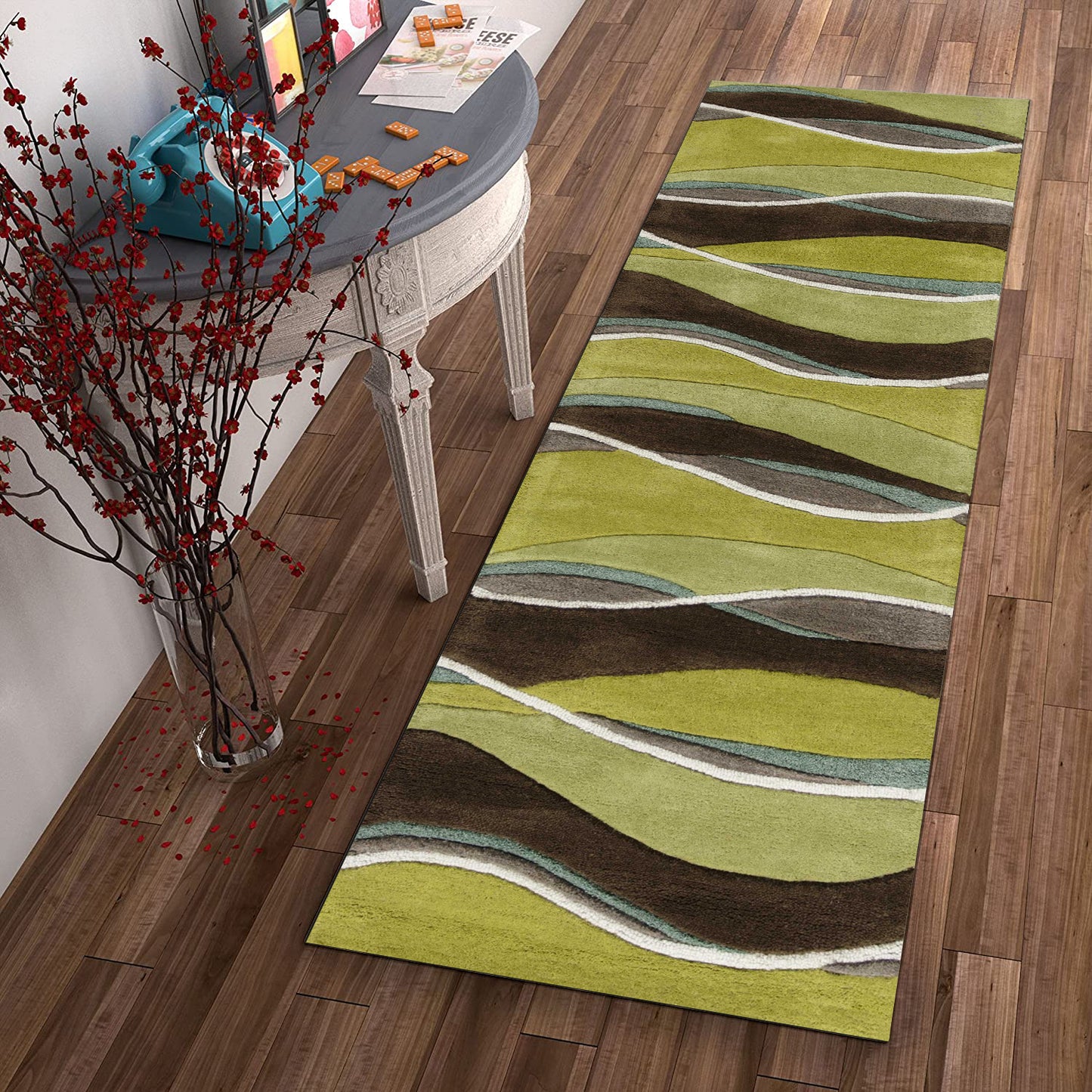 8' X 11' Lime Mocha Hand Tufted Abstract Waves Indoor Area Rug