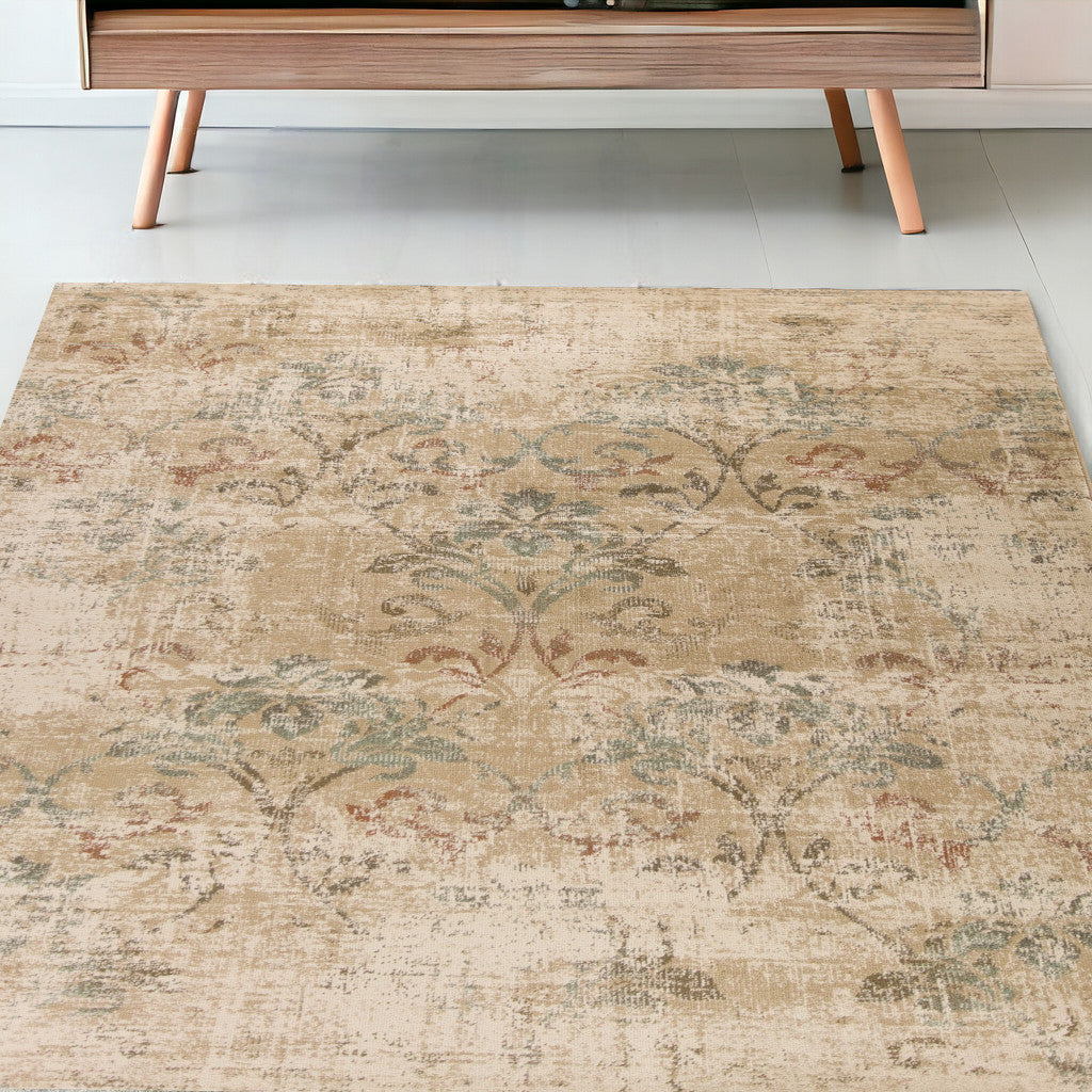 8' X 11' Champagne Beige Machine Woven Damask Indoor Area Rug