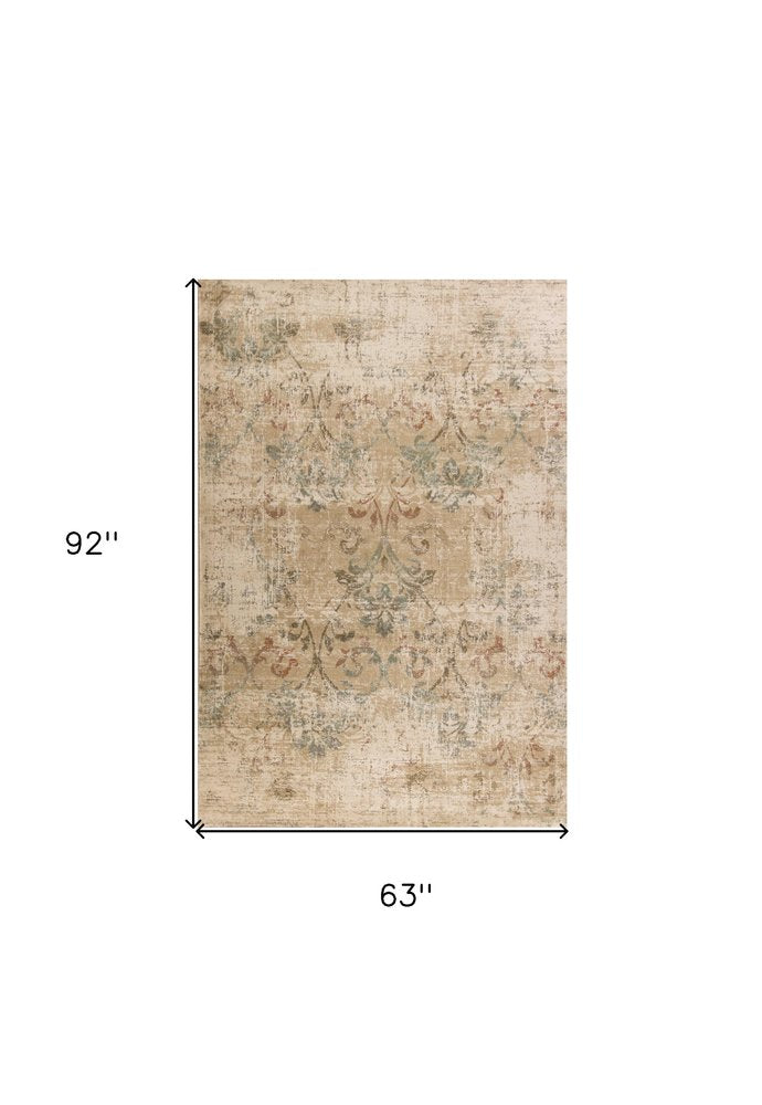 5' X 8' Champagne And Beige Damask Area Rug