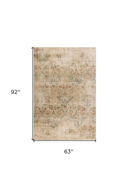 5' X 8' Champagne And Beige Damask Area Rug