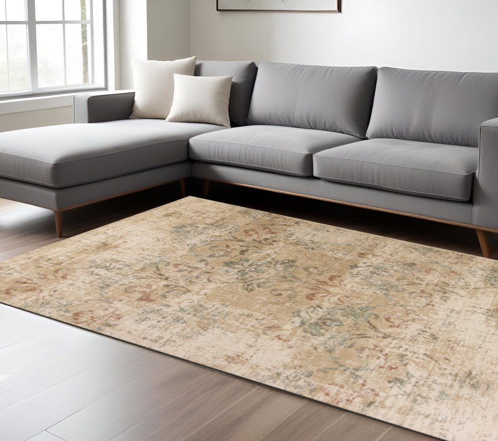 5' X 8' Champagne And Beige Damask Area Rug