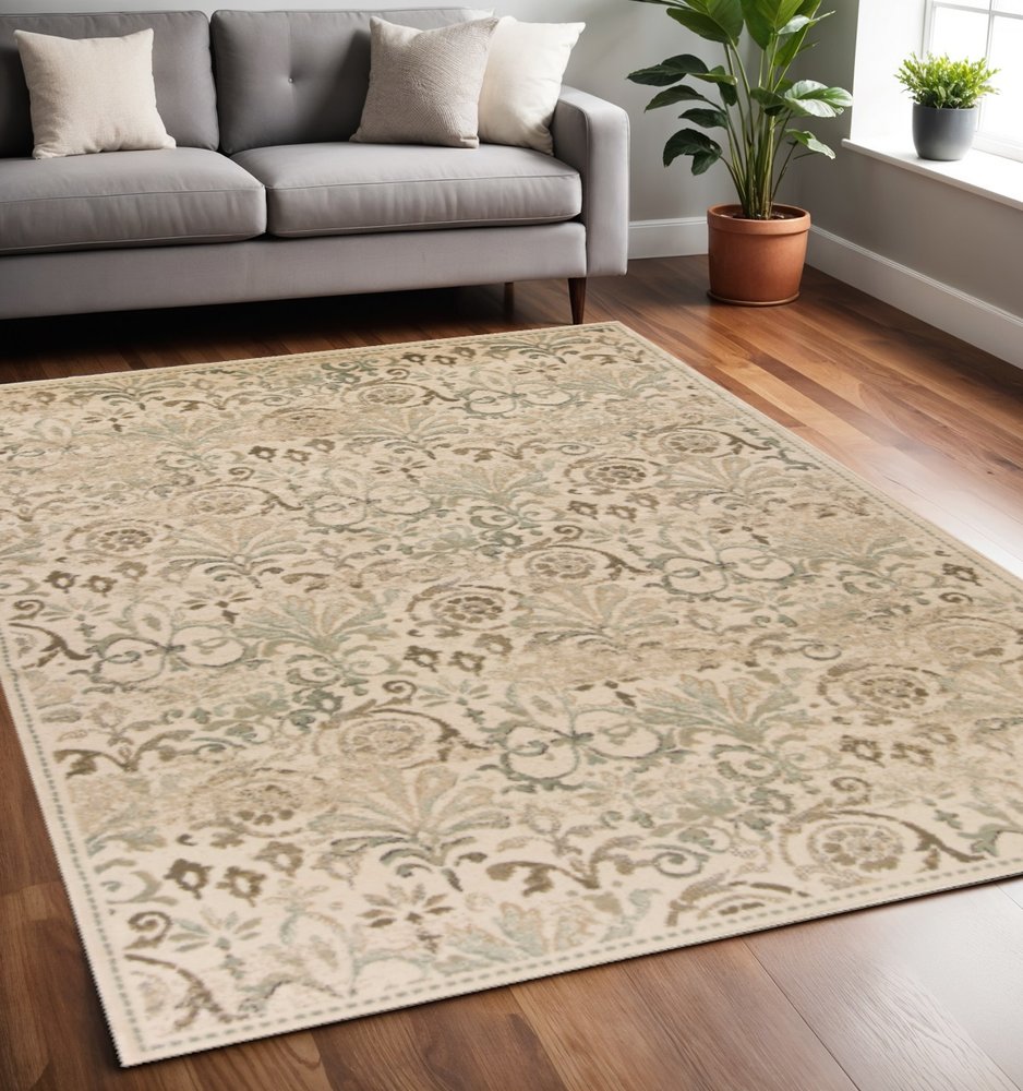 7' Ivory And Brown Floral Medallion Runner Rug