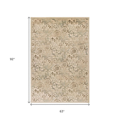 5' X 8' Ivory And Brown Floral Medallion Area Rug