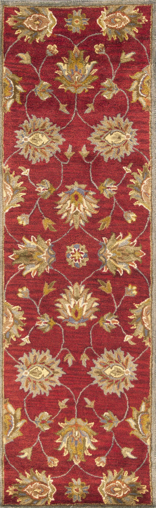 2' X 7' Red Floral Vines Bordered Wool Runner Rug