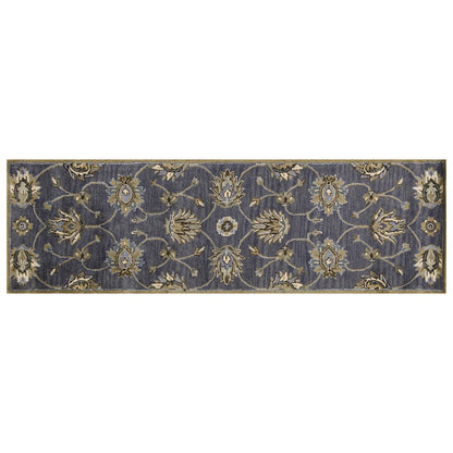 7' Dark Gray Green And Brown Wool Floral Hand Tufted Runner Rug
