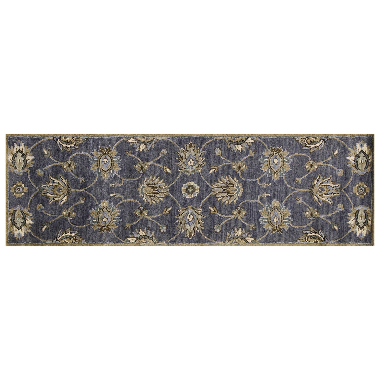 7' Dark Gray Green And Brown Wool Floral Hand Tufted Runner Rug