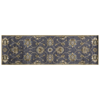 7' Dark Gray Green And Brown Wool Floral Hand Tufted Runner Rug