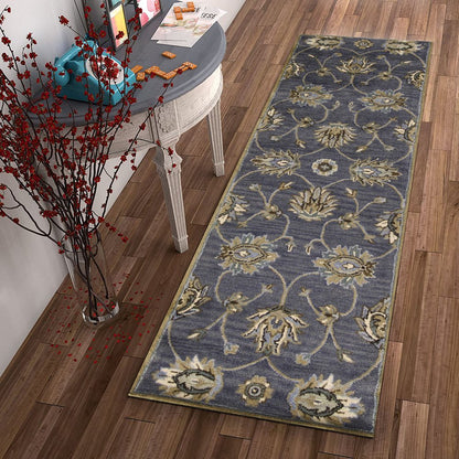 7' Dark Gray Green And Brown Wool Floral Hand Tufted Runner Rug