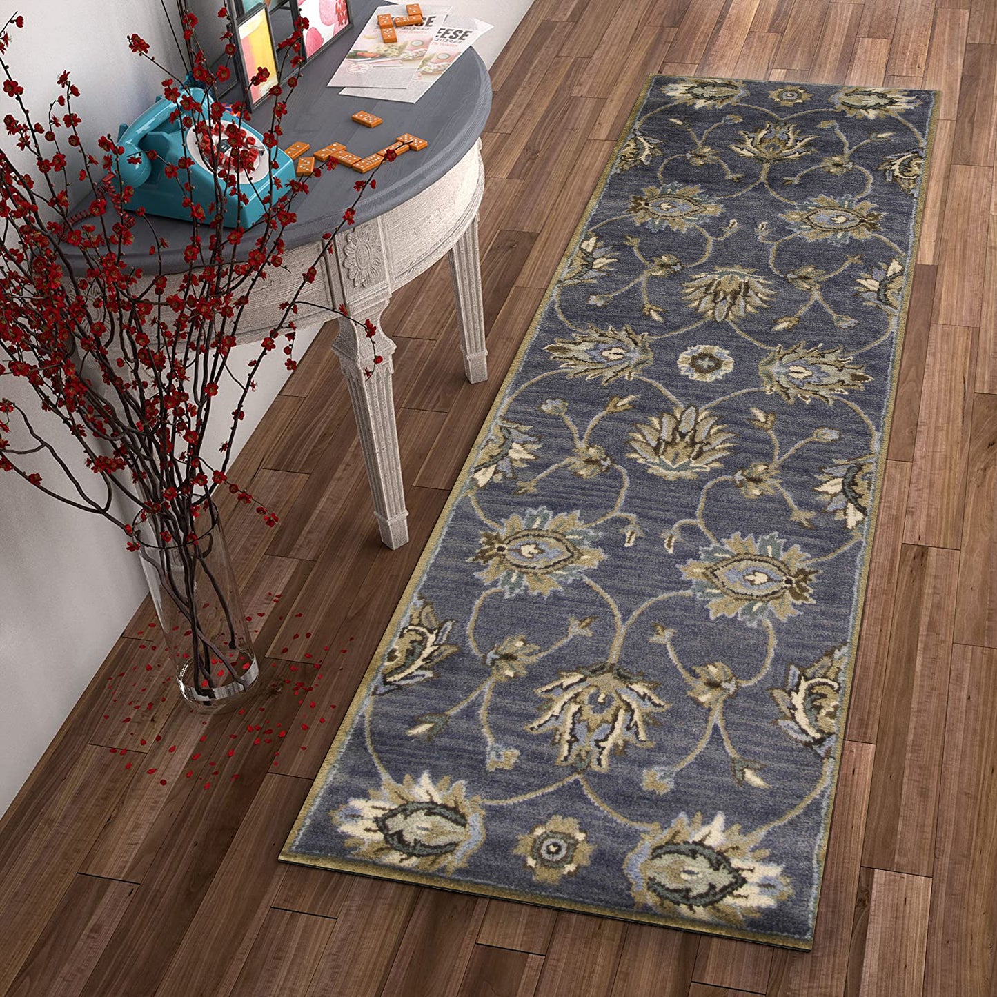 7' Dark Gray Green And Brown Wool Floral Hand Tufted Runner Rug