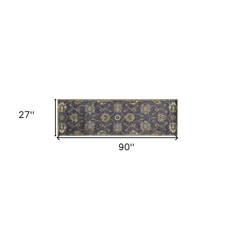 7' Dark Gray Green And Brown Wool Floral Hand Tufted Runner Rug